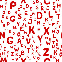 Seamless pattern letters of the English alphabet Christmas colors. Red letters on a white background. Vector illustration. Design, web banner, wrapping paper, postcards.