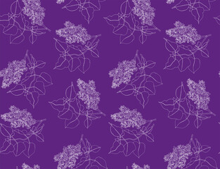Seamless vector outline pattern with beautiful lilac flowers. Hand drawn lilac branch with leaves. For wrapping, fabric, wallpaper. On a dark purple