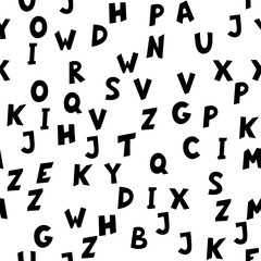Seamless pattern of black English letters on white background. Vector illustration.