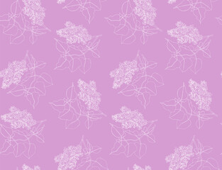 Fototapeta na wymiar Seamless vector outline pattern with beautiful lilac flowers. Hand drawn lilac branch with leaves. For wrapping, fabric, wallpaper.