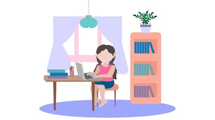 Illustration of a girl on distance learning behind a laptop. Vector image, eps 10