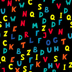 Seamless pattern of multicolored letters on black background. Vector illustration.