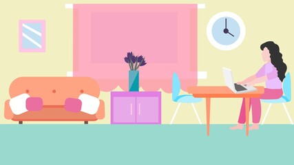 Illustration of a woman working at home with a laptop. Vector image, eps 10