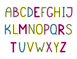 Multicolored hand-drawn English alphabet isolated on white background. Vector illustration.