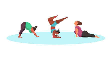 Character set - curvy women doing yoga - vector flat illustration. Bodypositive concept