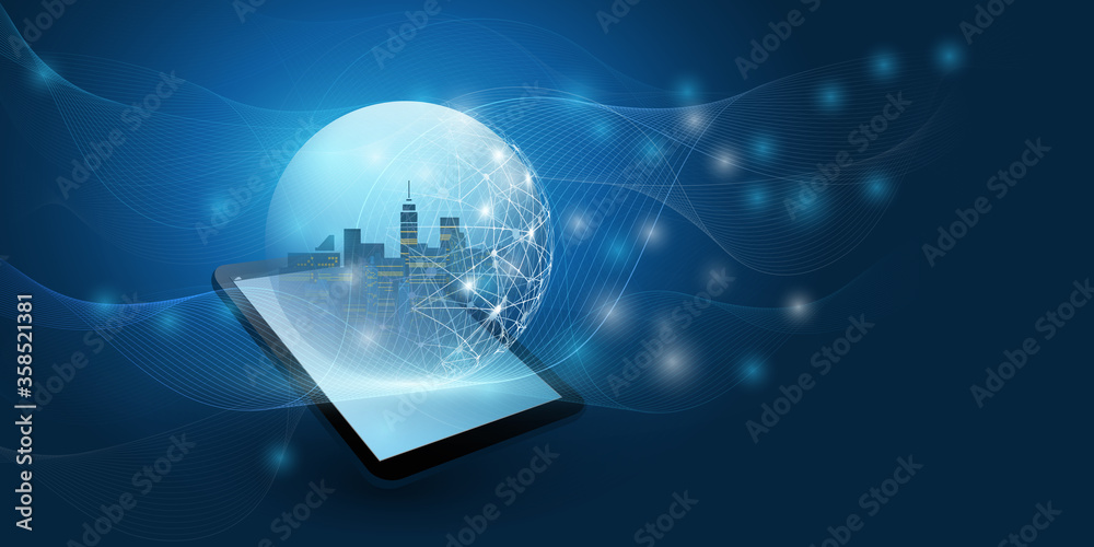 Wall mural futuristic smart city, iot and cloud computing design concept with polygonal mesh, cluster and nodes