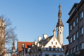 Tallinn Town Hall tower and medieval roofs, Estonia. Outstanding architectural monuments