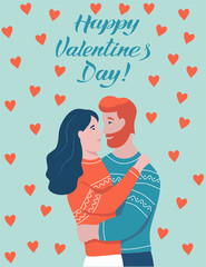 Valentine's day lettering card. Couple in love hugging. A man with a red beard and a woman with dark hair laugh and look at each other. Flat vector illustration.