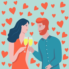 Valentine's day card. A couple in love clink glasses with champagne. A man with a red beard and a woman with dark hair. Flat vector illustration.