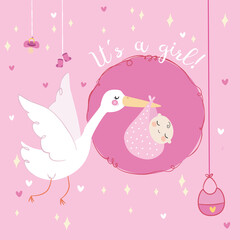 birth card or banner it's a girl in white with a stork bringing the baby on a pink background with stars