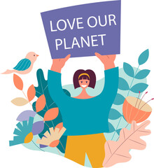 Earth Day. Love our planet. A female activist recalls our attitude to planet Earth. Vector flat illustration.