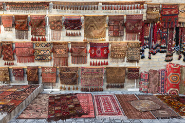 Colorful oriental rugs in Bukhara, Uzbekistan