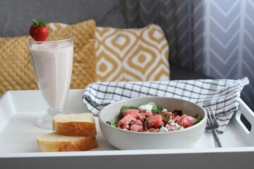 healthy breakfast: strawberry shake & watermelon salad