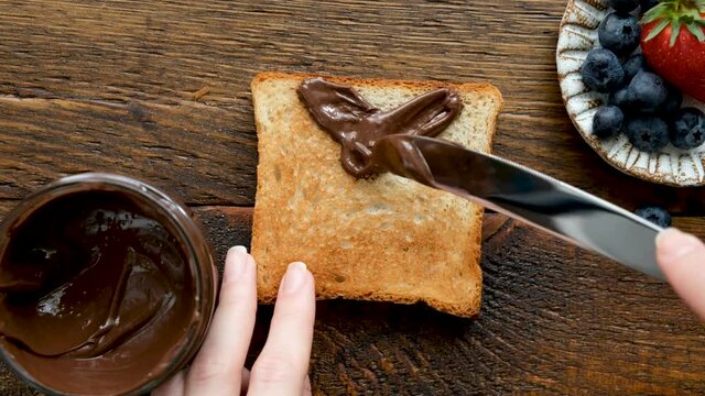 Time Lapse preparing healthy funny animal shape toast for kids with chocolate spread, cream cheese and fruits. Food art, motherhood concept. Children's food