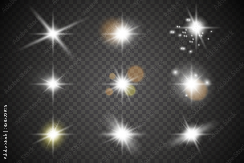 Poster White glowing light explodes on a transparent background. Sparkling magical dust particles. Bright Star. Transparent shining sun, bright flash.