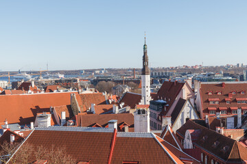 TALLINN, ESTONIA - DECEMBER 26, 2018: Bright colourful aerial view of old town of Tallinn, Estonia...