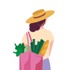 Young woman holding a textile bag with vegetables and a french baguette. Vector flat illustration.