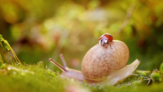 Close-up wildlife of a snail and ladybug in the sunset sunlight.