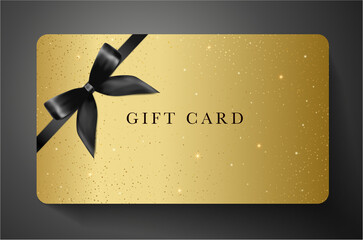 Gift card with twinkling stars, sparkling elements and bow (ribbon) on gold background. Golden template useful for any design, shopping card, voucher or gift coupon