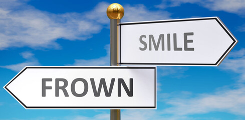 Frown and smile as different choices in life - pictured as words Frown, smile on road signs pointing at opposite ways to show that these are alternative options., 3d illustration