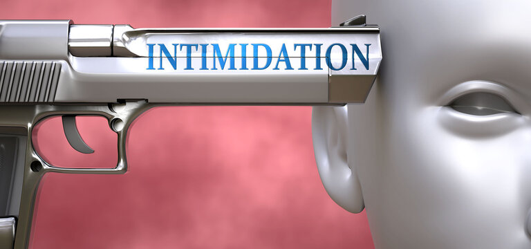 Intimidation can be dangerous - pictured as word Intimidation on a pistol terrorizing a person to show that it can be unsafe or unhealthy, 3d illustration