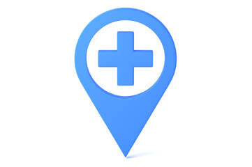 Medical Map Marker icon 3D rendering. 3D Illustration, blue color, rounded angles, white background.