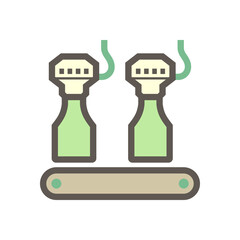 Machine fill water into glass bottle in beverage production process vector icon design on white background.