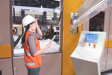 Female maintenance  engineer using tablet computer control automatic robotic hand with CNC machine in smart factory, Industry 5.0 concept.