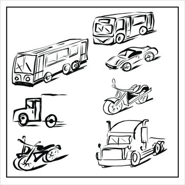 Set of vector images of vehicles on an isolated background. All pictures can be used separately, scaled. Bus, motorcycle, bike, truck, race car, car.