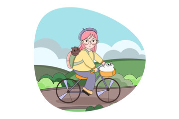 Obraz na płótnie Canvas Cycling, recreation, sport, activity concept. Happy young child girl character riding bicycle with pets cats on country road. Active trip summer leisure recreation and healthy lifestyle illustration.