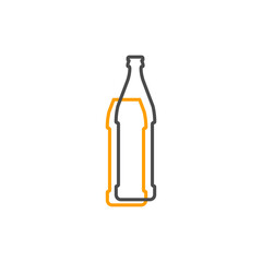 Simple line shape of beer bottle. One contour figure of a bottle, the second drink. Outline symbol wine dark color. Sign liquid yellow. Isolated flat illustration on a white background