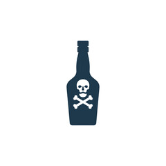 Bottle poison alcohol skull in profile for concept design. Dangerous container. Potion beverage bar drink concept. Alcohol addiction icon. Venom, danger symbol. Isolated flat illustration