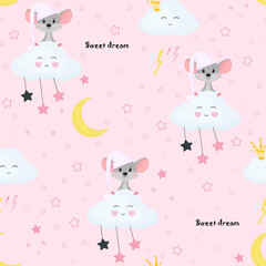 Obraz na płótnie Canvas Vector seamless pattern with a mouse in a nightcap on a cloud in a children's cartoon style. Vector illustration with animals and stars.