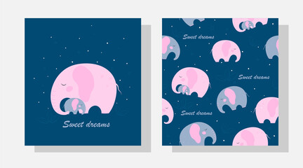 Elephant with mother elephant greeting card with text. Simple seamless pattern of elephants on a blue background.