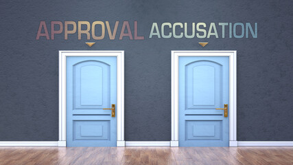 Approval and accusation as a choice - pictured as words Approval, accusation on doors to show that Approval and accusation are opposite options while making decision, 3d illustration