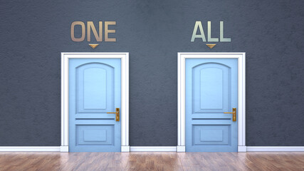 Naklejka na ściany i meble One and all as a choice - pictured as words One, all on doors to show that One and all are opposite options while making decision, 3d illustration
