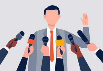 Live report, live news concept. A man giving an interview. Many hands of journalists with microphones. An interview with a businessman. Flat vector illustration.