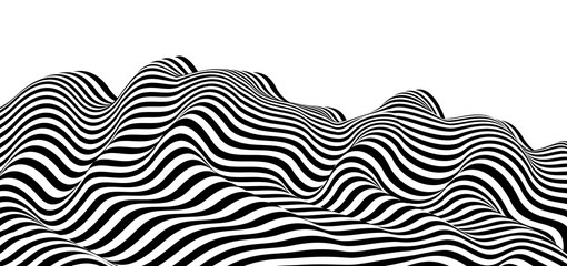 Fototapeta na wymiar Abstract vector 3D lines background, black and white curves linear perspective dimensional terrain optical pattern.