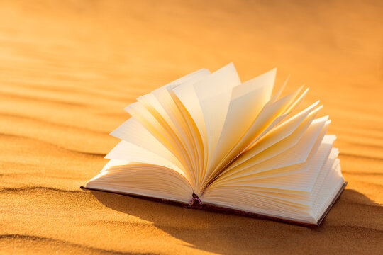 Open empty book with pages turning laying on Arabian safari desert sand dune during sunset. Literature and culture.
