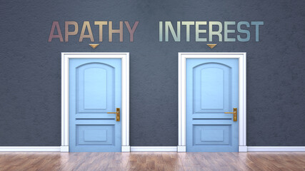 Apathy and interest as a choice - pictured as words Apathy, interest on doors to show that Apathy and interest are opposite options while making decision, 3d illustration