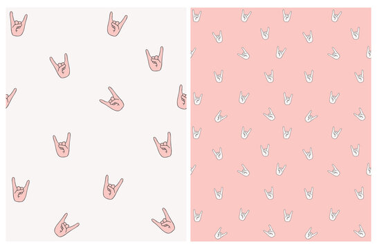 Seamless Vector Pattern with Hell Yeah Symbol. Light Pink Hands on a Off-white Background. Funny Irregular Print with Little White Hands Isolated on a Pastel Pink Backdrop.
