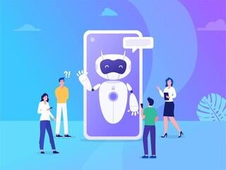 Chatbot vector illustration cocept, people chat with bot on smartphone, online bot answer to people question, can use for, landing page, template, ui, web, homepage, poster, banner, flyer