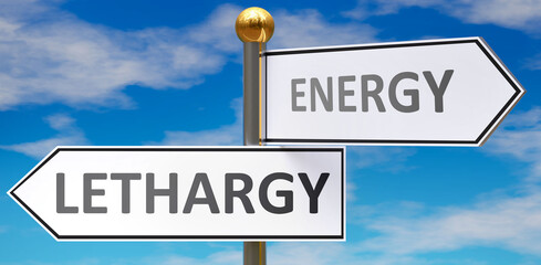 Lethargy and energy as different choices in life - pictured as words Lethargy, energy on road signs pointing at opposite ways to show that these are alternative options., 3d illustration