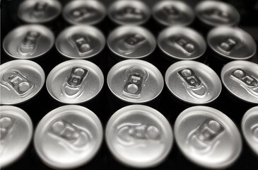 Group of aluminium cans, cold drink. High angle view.