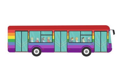 rainbow bus with young and old people inside side view. Happy Pride month trip, travel. vector illustration