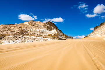 It's Beautiful view of the limestone formations of the White Desert, a national park of Egypt