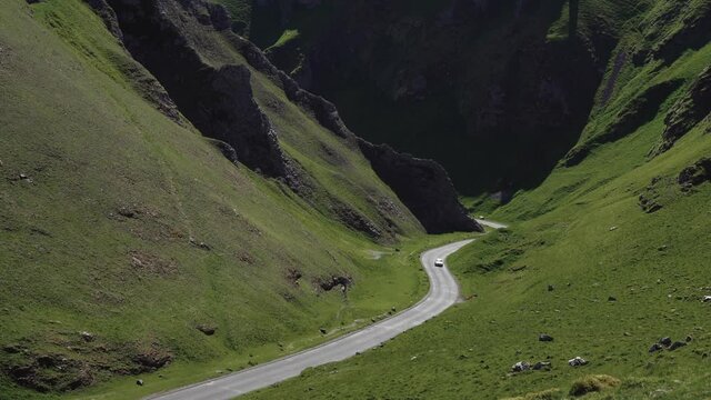 Aerial view of Winnat's pass in the Peak District of the UK