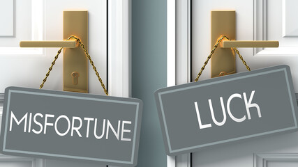 luck or misfortune as a choice in life - pictured as words misfortune, luck on doors to show that misfortune and luck are different options to choose from, 3d illustration