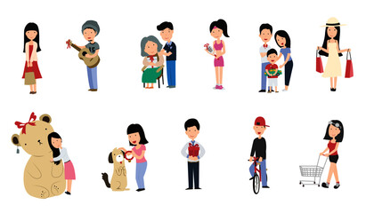 people, family with gift box and shopping bag cartoon character design set