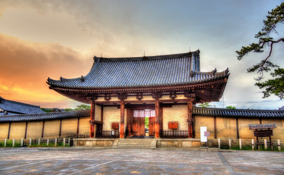 Sunset view of Horyu-ji temple in Ikaruga, Nara, Japan on May 13, 2016